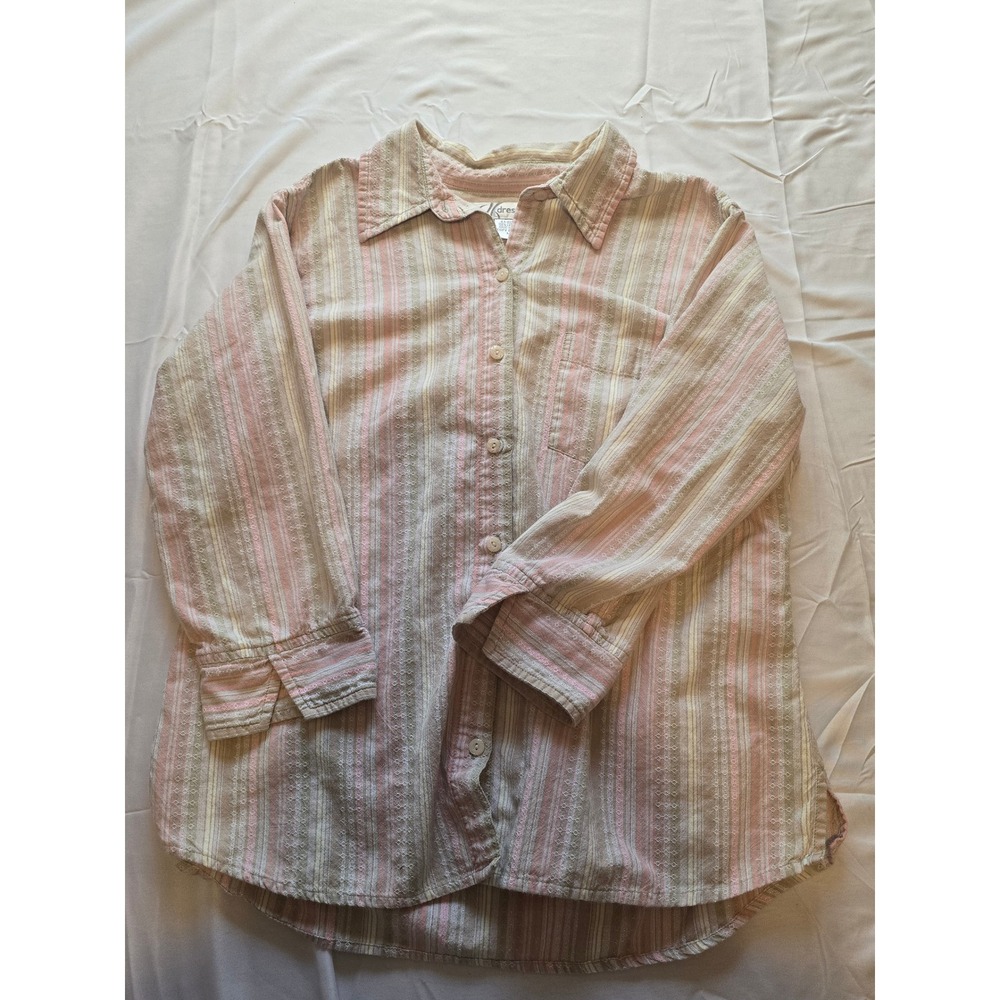 Dressbarn Womens Button Down Shirt Pink‎ Beige Striped Long Sleeve Cotton Large